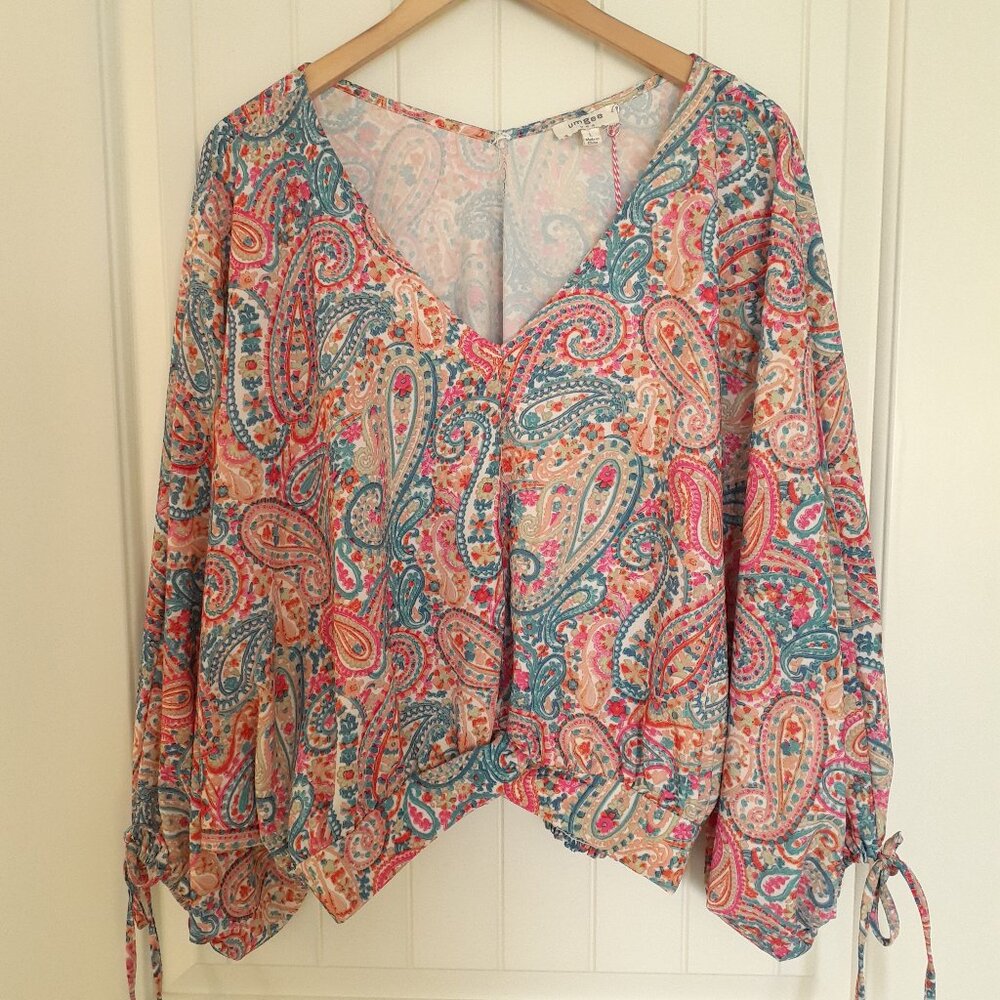 NEW Umgee Paisley Dolman Sleeve V-Neck Blouse Blue Pink Yellow Size L
